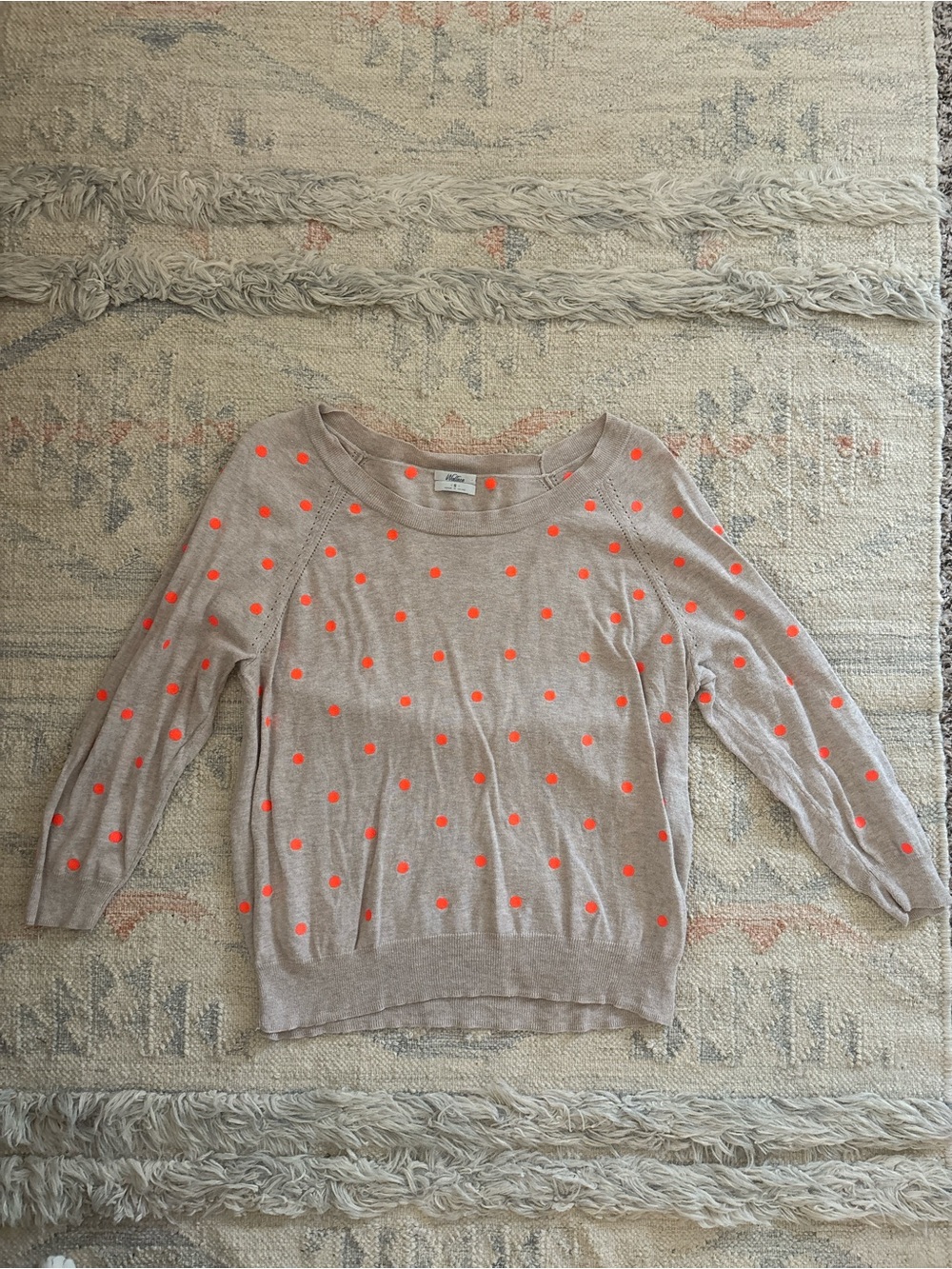 Women's Beige and Neon Orange Polka Dot Lightweight Sweater